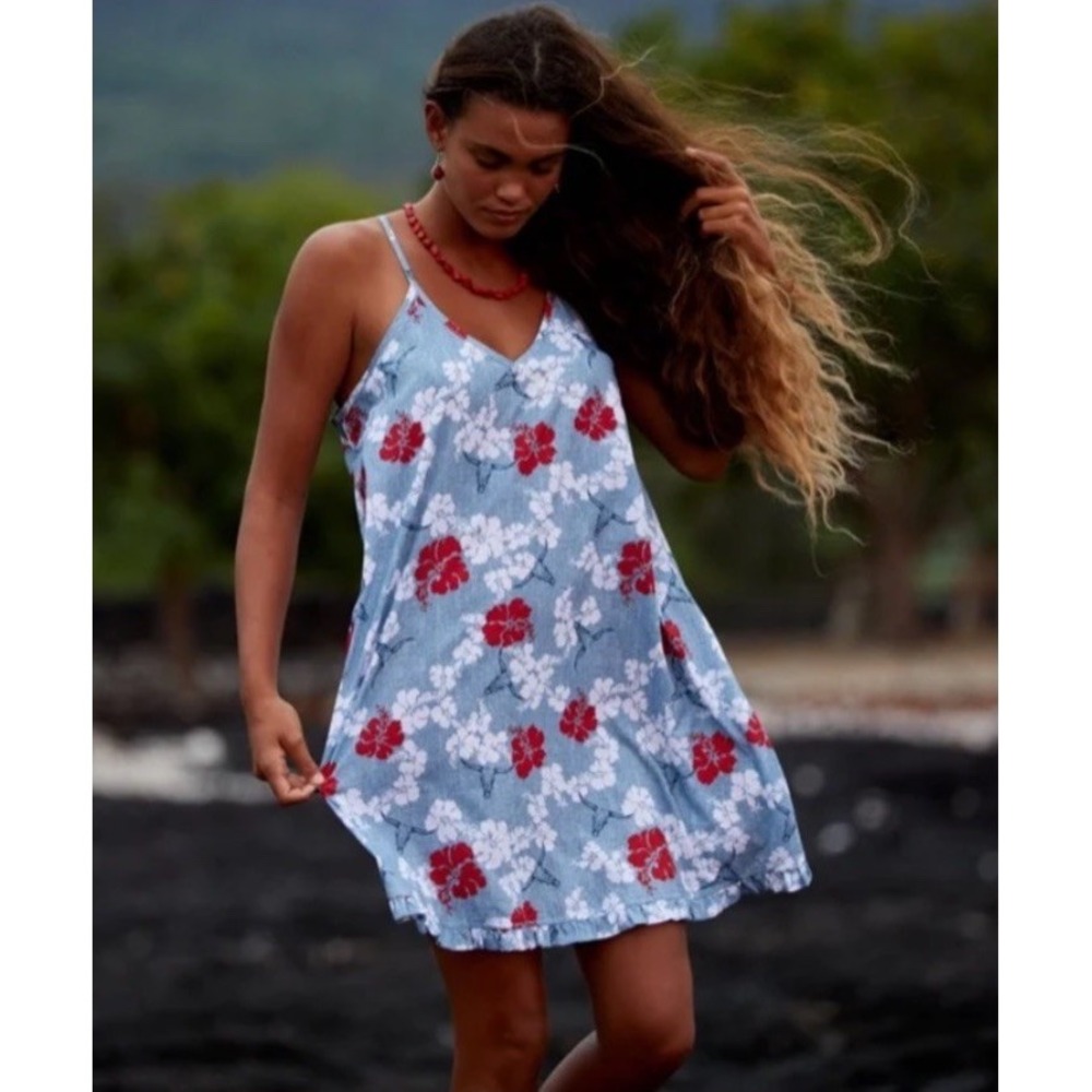 Ariat X Western Aloha Dress Women L Blue Floral Ruffle Trim Hawaiian Cowgirl